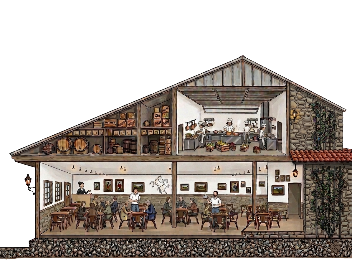 Ilustração artística da fachada colonial do restaurante na Rua da Lapa, Paraty